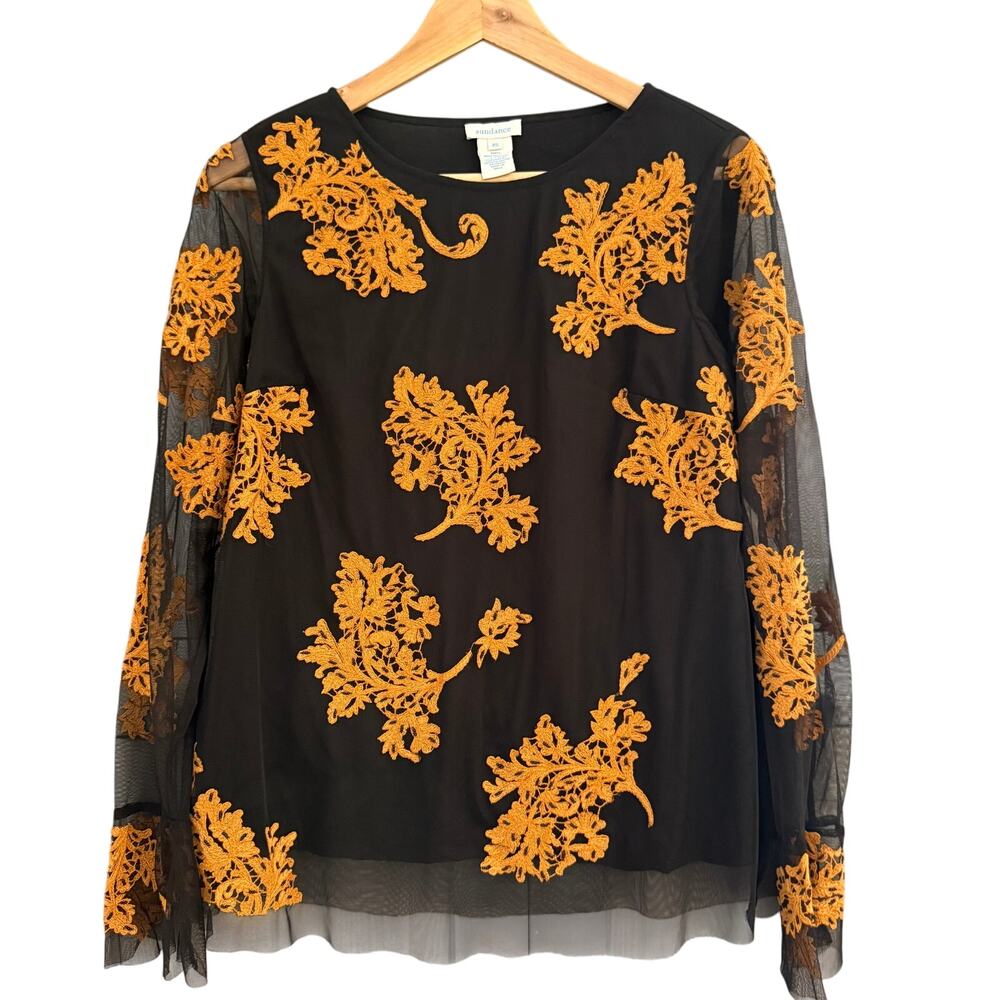 Sundance Black Mesh Blouse XS Burnt Orange Embroidered Floral Sheer Sleeve